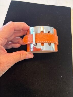 Orange Leather Cuff Bracelet with Silver Hardware